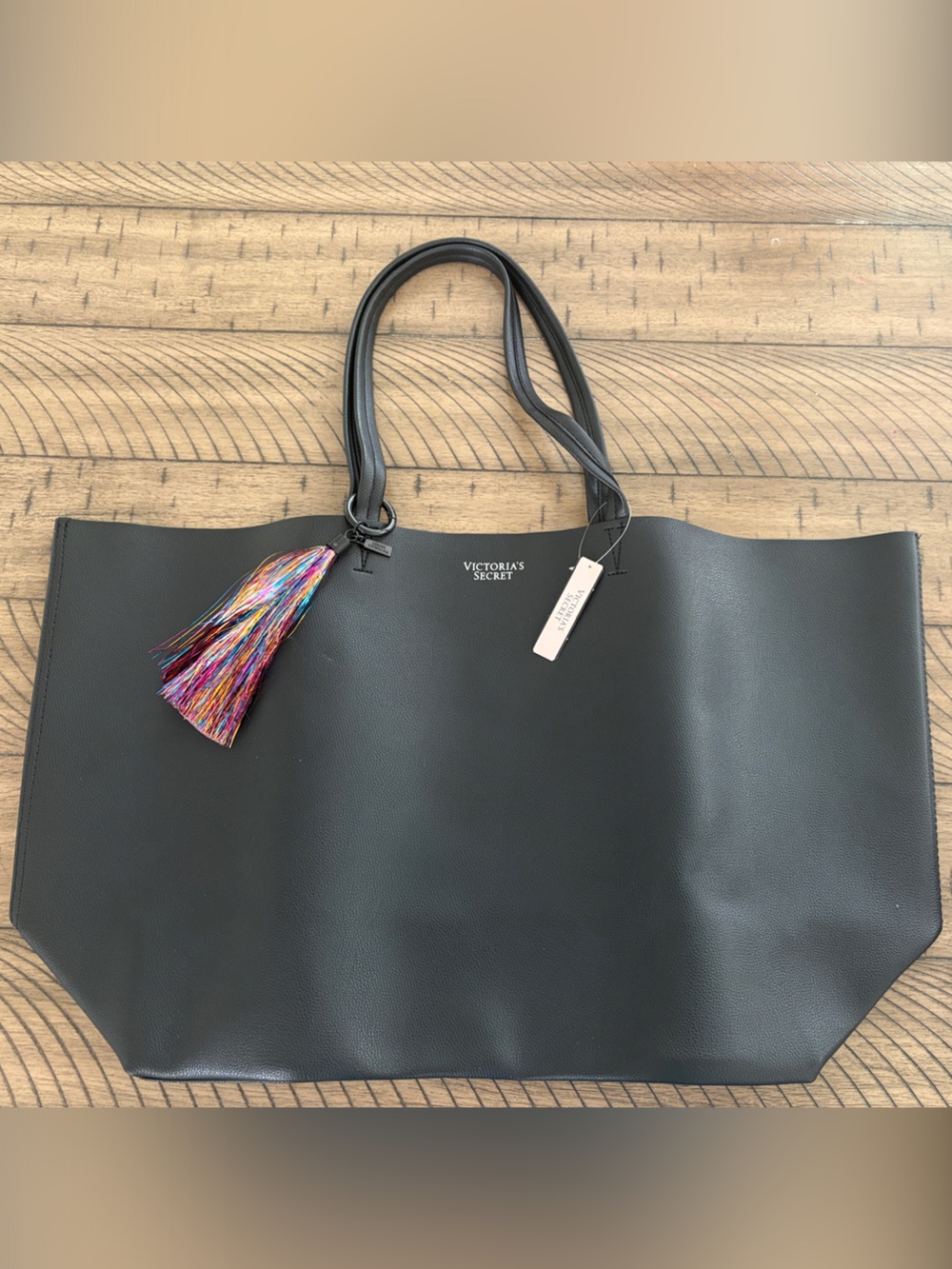 Victoria's Secret Black Tote with Multicolor Tassel Charm